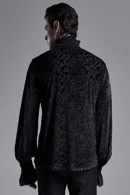 Black High Collar Lantern Sleeve Front Metal Retro Button Flounce Cuff Velveteen Knit Men's Gothic Shirt