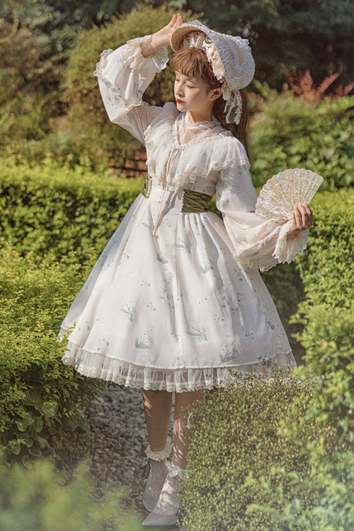 Beige Lace Round Collar Ruffled Lantern Sleeves Fresh Floral Print Sweet Lolita OP Dress