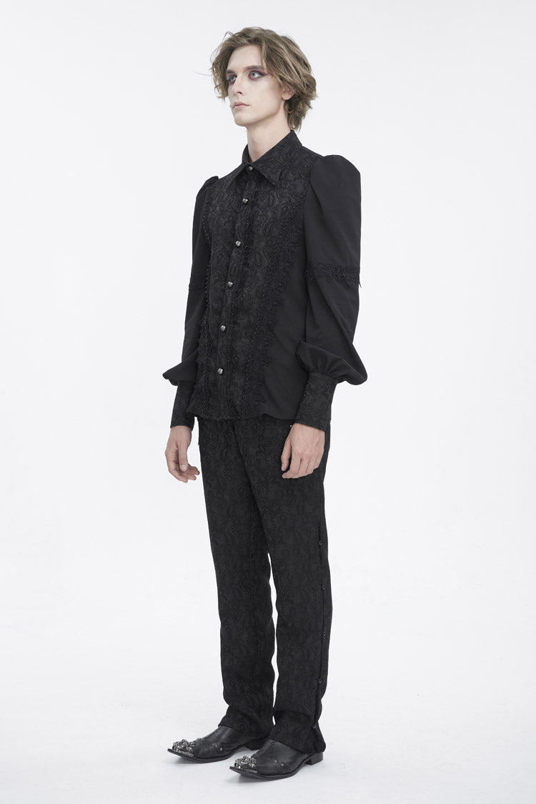 Black Lapel Collar Lantern Sleeves Jacquard Embroidery Men's Gothic Blouse