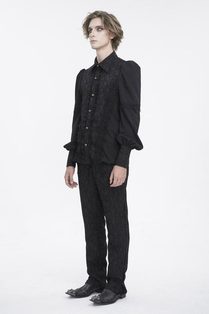 Black Lapel Collar Lantern Sleeves Jacquard Embroidery Men's Gothic Blouse