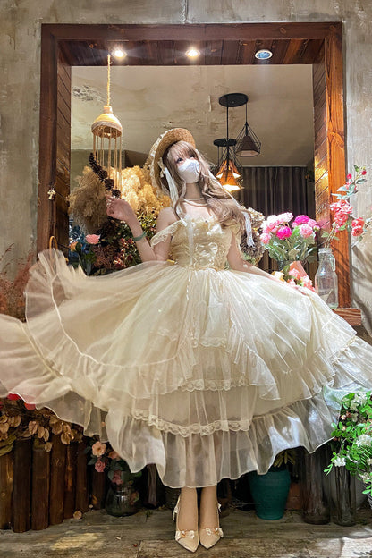 Apricot [Moonlight Sonata] Ruffle Cardigan Bowknot Lace Sweet Vintage Lolita Jsk Dress