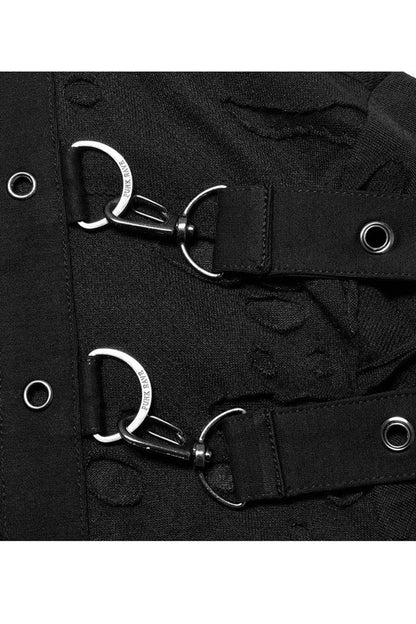 Black Gothic Broken Holes Knitted Fabric Stitching Metal Buckle Detachable Decorative Tape Long Sleeve Men's T-Shirt