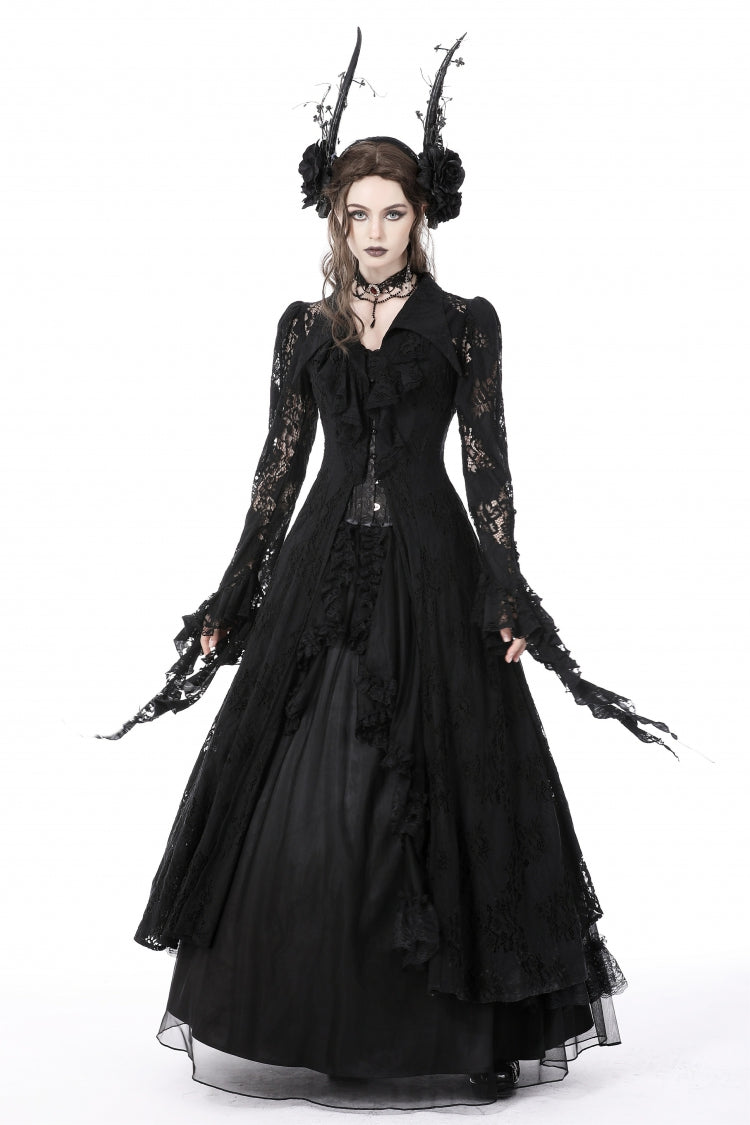 Black Lapel Collar Long Sleeves Ruffled Irregular Lace Lace-Up Women's Gothic Jacket Dress