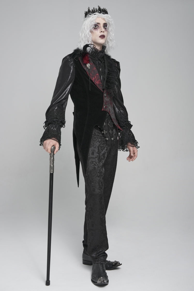 Black Long Sleeves Rose Print Irregular Contrast Color Men's Gothic Vest with Detachable Feather Accessory