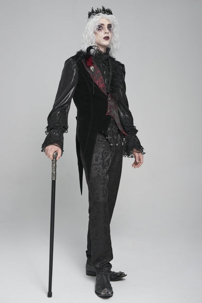 Black Long Sleeves Rose Print Irregular Contrast Color Men's Gothic Vest with Detachable Feather Accessory