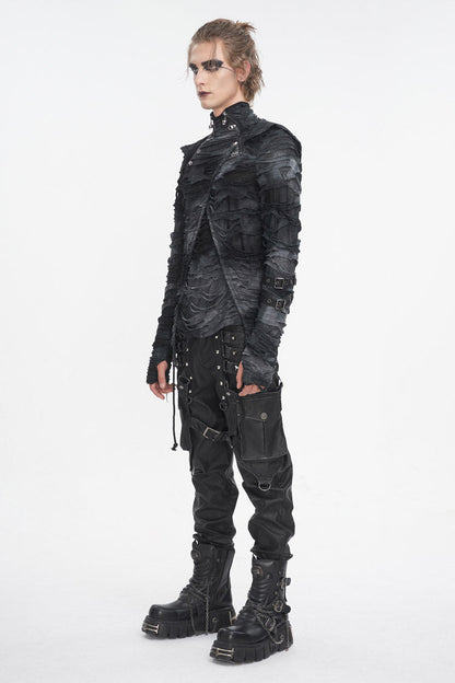 Black High Collar Long Sleeves Print Ripped Men's Punk Hoodies T-Shirt