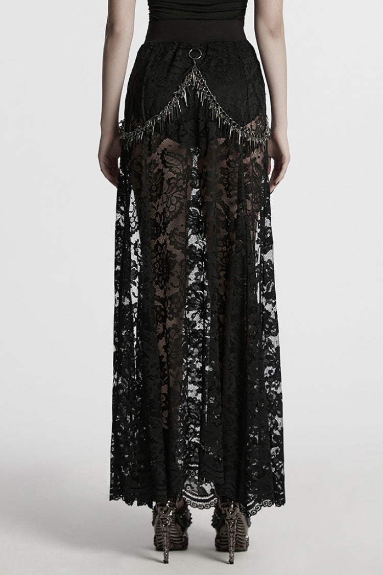 Black Embroidery Split Lace Women's Gothic Skirt with Studded Chain
