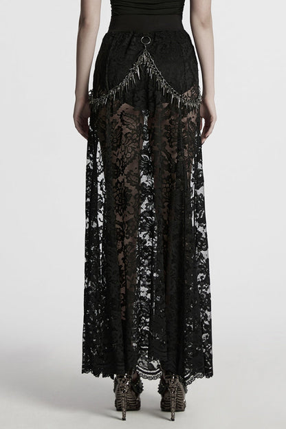 Black Embroidery Split Lace Women's Gothic Skirt with Studded Chain