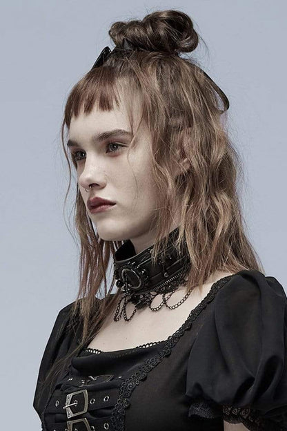 Black Leather Metal Rivets Lace Women's Gothic Chocker