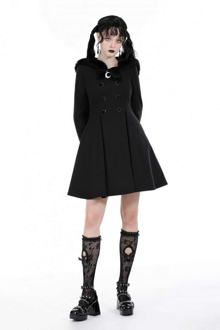Black Long Sleeves Crescent Moon Bow Spliced Double-breasted Women's Gothic Coat with Cat Ear Hood