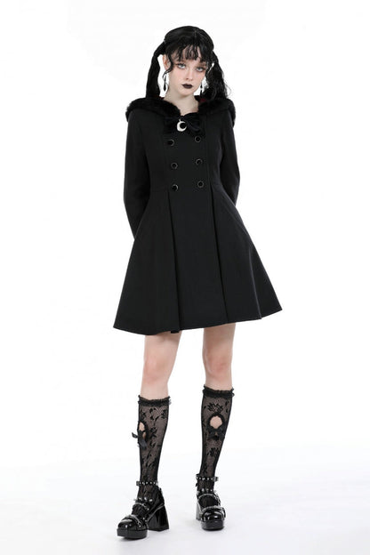 Black Long Sleeves Crescent Moon Bow Spliced Double-breasted Women's Gothic Coat with Cat Ear Hood