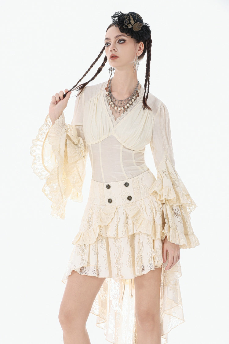 Beige V Collar Long Trumpet Sleeves Multi-Layered Lace-Up Women's Stempunk Blouse