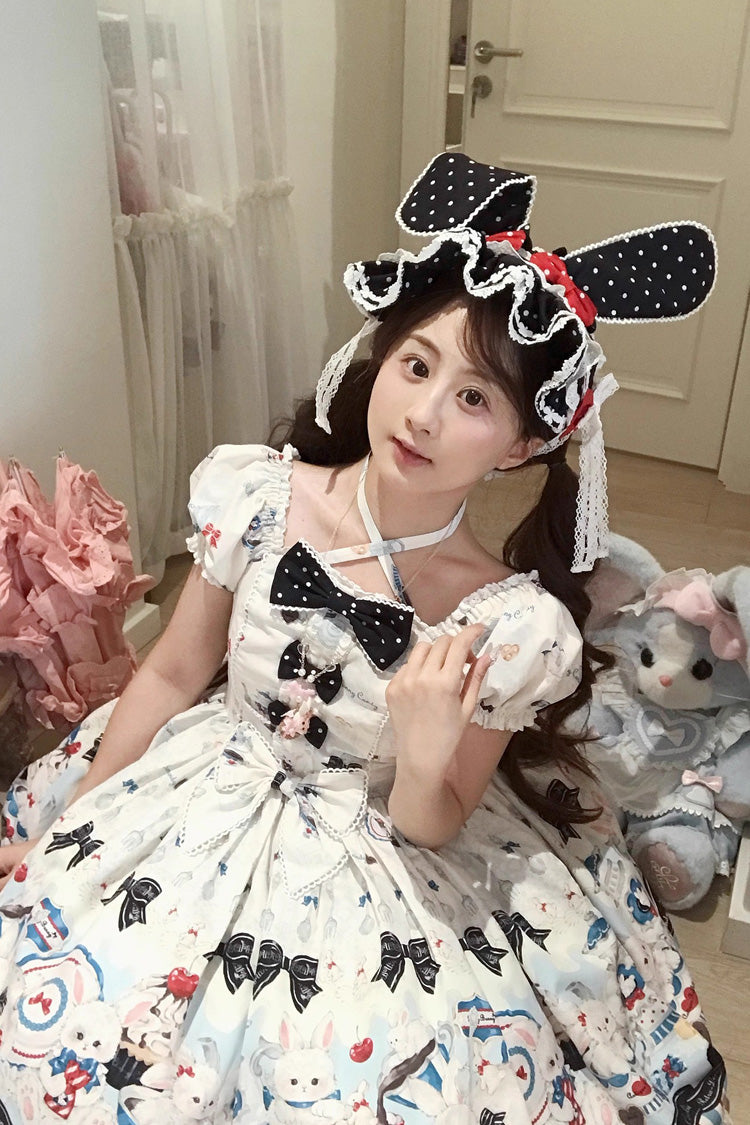 Beige [Mystery Rabbit Tea Party] Square Collar Short Sleeves Print Ruffle Bowknot Lace Sweet Lolita Dress