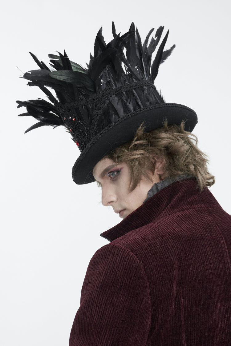Black Embroidered Men's Gothic Palace Accessory Floral Feather Top Hat