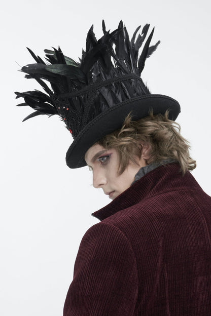 Black Embroidered Men's Gothic Palace Accessory Floral Feather Top Hat