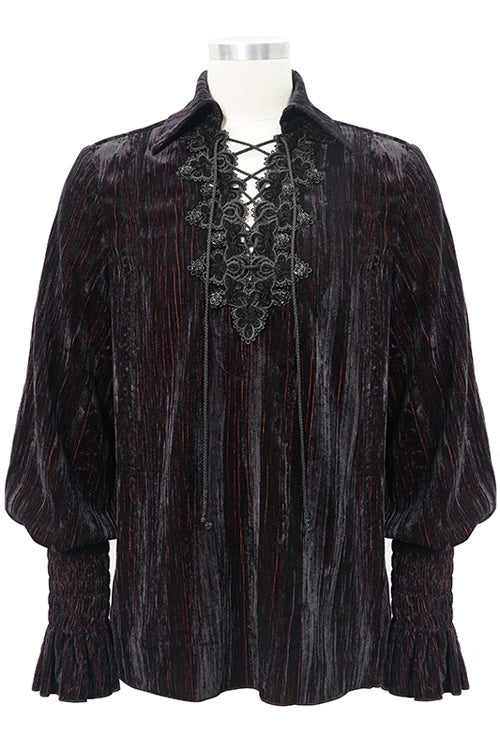 Black And Red Velvet Lantern Sleeves Loose Mens Gothic Blouse