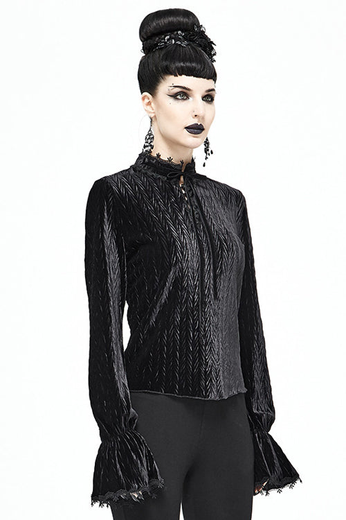 Black Pleated Velvet Trumpet Sleeves Womens Gothic Blouse