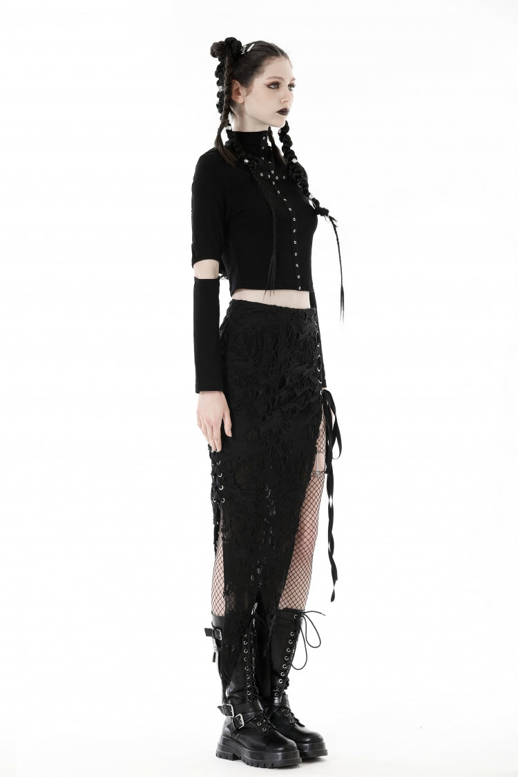 Black Lace-Up Ripped Women's Punk Split Long Skirt