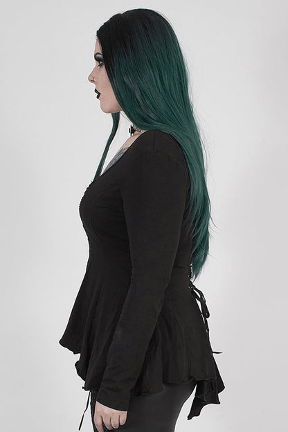 Black Big Round Collar Front Chest Decals Long Sleeve Back Waist Lace-Up Frill Hem Plus Size Women's Gothic T-Shirt