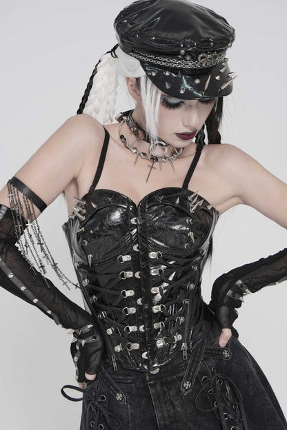 Black Lace-Up Slim Studded Zippered Women's Punk Corset