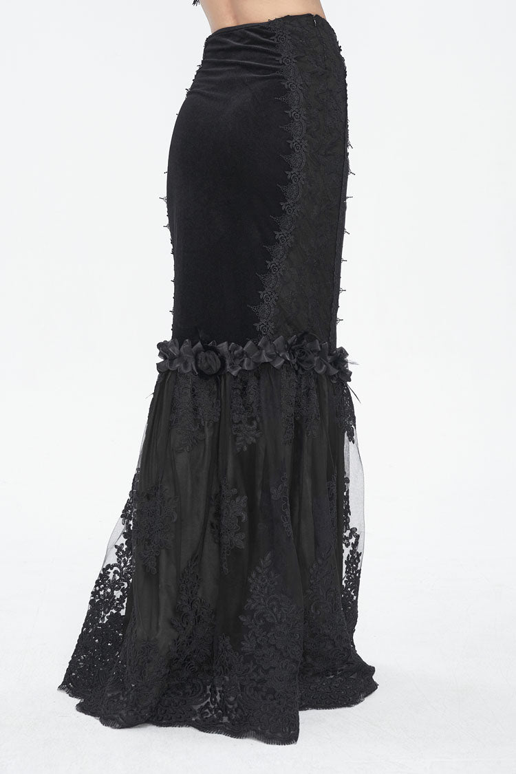 Black High Waisted Embroidery Stitching Lace Women's Gothic Skirt