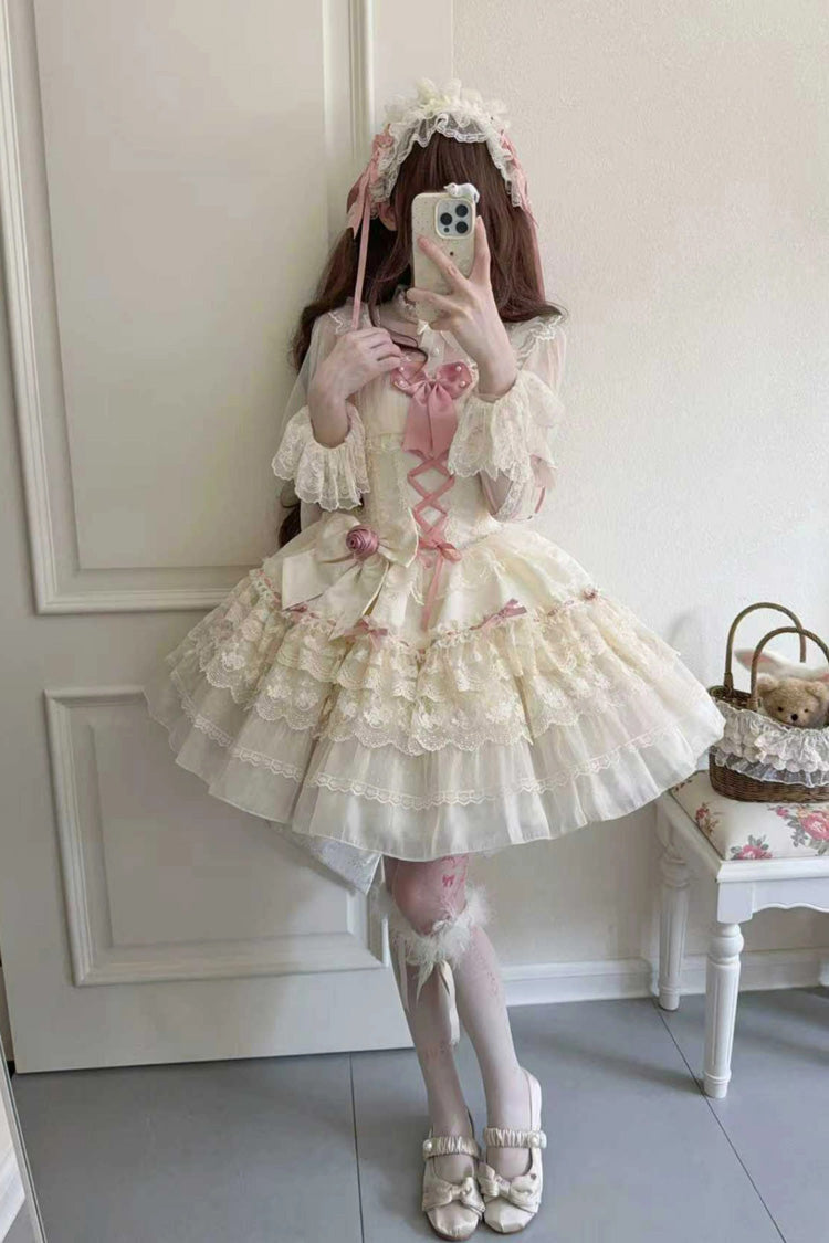 Apricot [Rose Canticle] Sleeveless Multi-Layered Bowknot Lace Lace-Up Pearl Ballet Sweet Lolita Jsk Dress