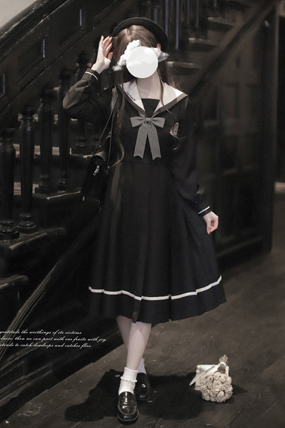 Black Navy Collar Long Sleeves Bowknot Sweet Japanese College Style Elegant Lolita Dress