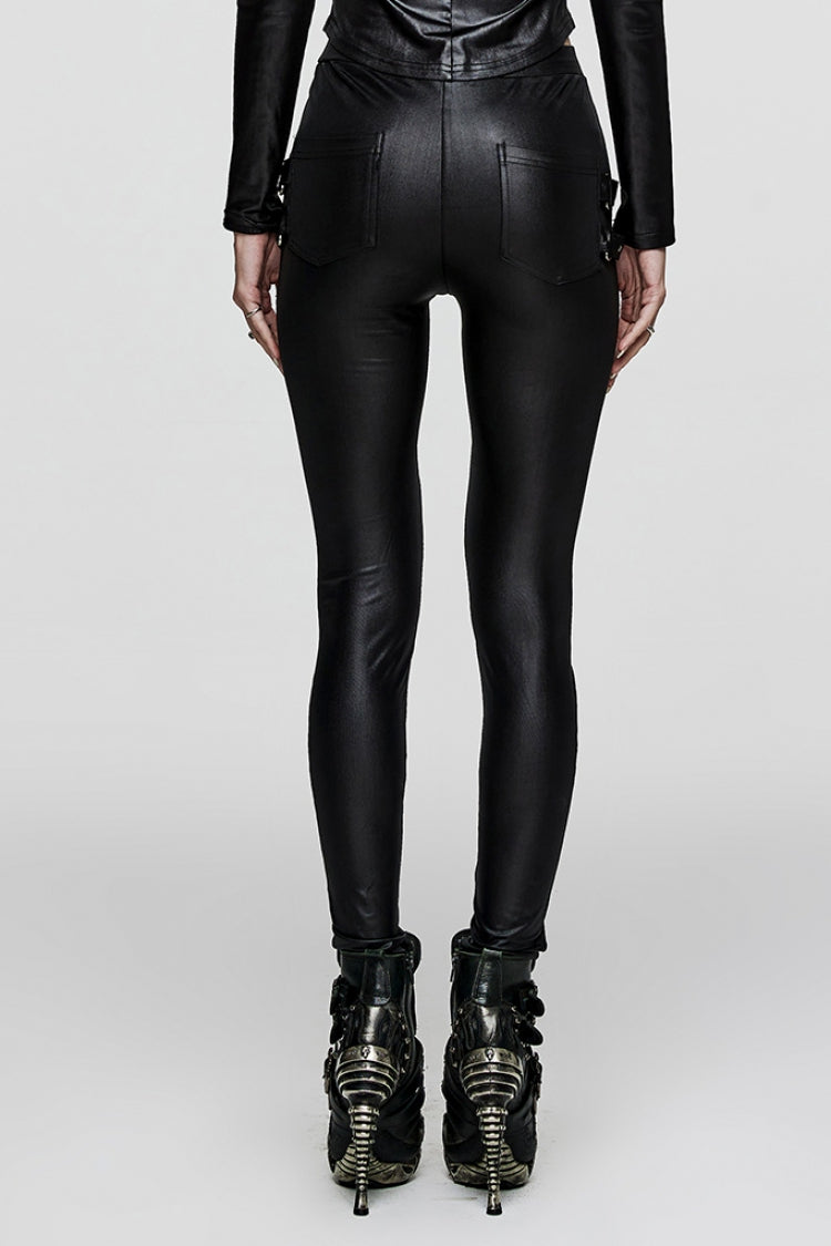 Black Hollow Metal Eyelet Strap Lace-Up Women's Steampunk Leggings