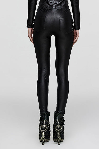 Black Hollow Metal Eyelet Strap Lace-Up Women's Steampunk Leggings