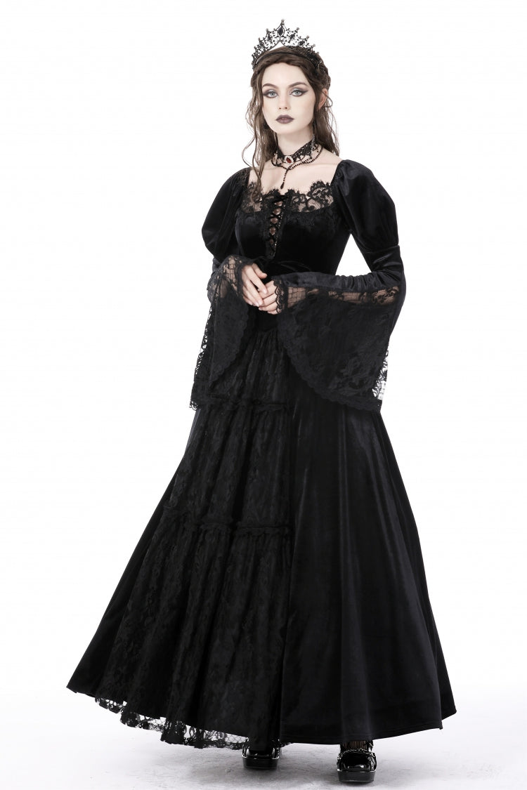 Black Long Puff Sleeves Spliced Lace Lace-Up Women's Gothic Vintage Velvet Wedding Dress