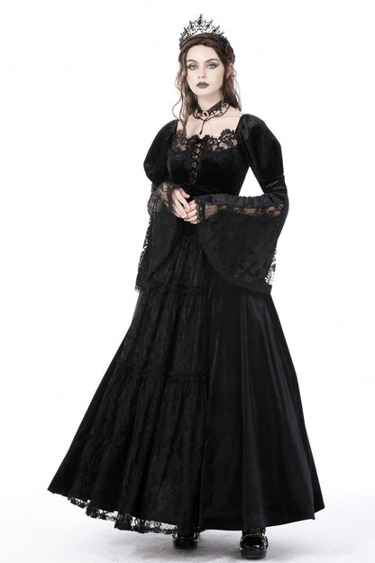 Black Long Puff Sleeves Spliced Lace Lace-Up Women's Gothic Vintage Velvet Wedding Dress