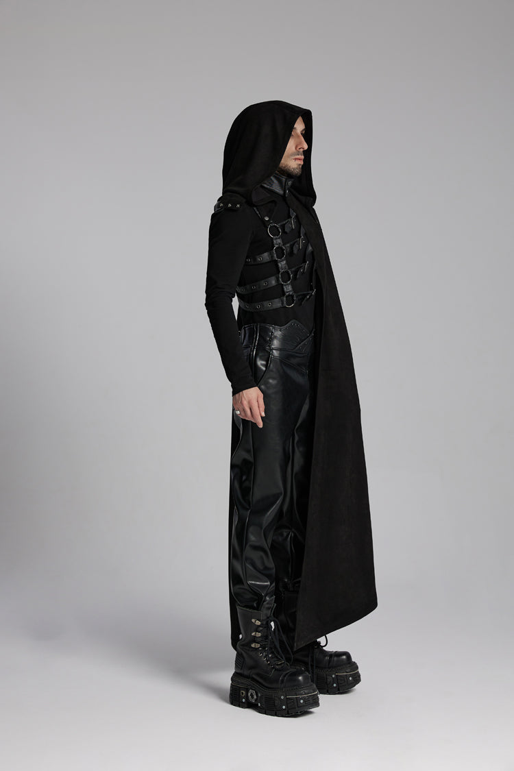 Black Hooded Buckle-up Rivets Men's Punk Cloak
