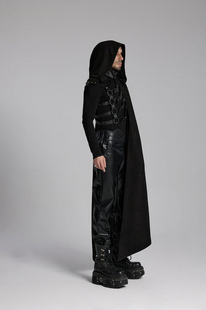Black Hooded Buckle-up Rivets Men's Punk Cloak