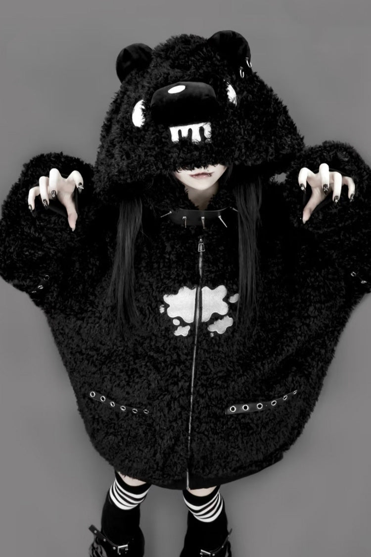 Black Long Sleeves Bear Ears Hooded Zippered Gothic Jirai Kei Lolita Coat