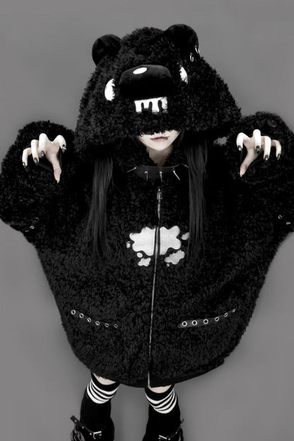 Black Long Sleeves Bear Ears Hooded Zippered Gothic Jirai Kei Lolita Coat