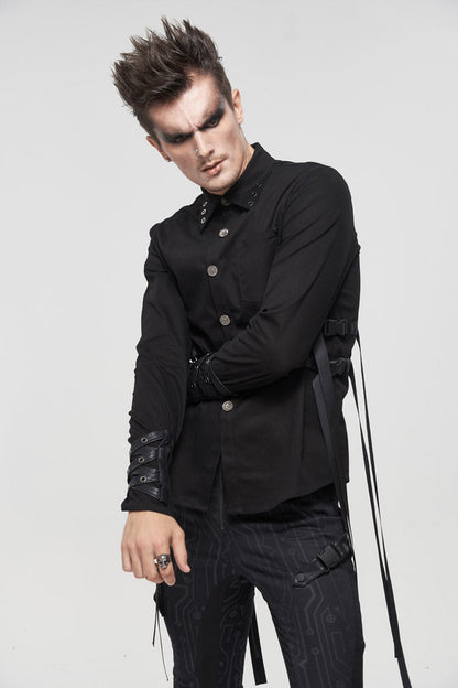 Black Nylon Strap Metal Buckle Decoration Long Sleeve Elasticity Men's Punk Shirt