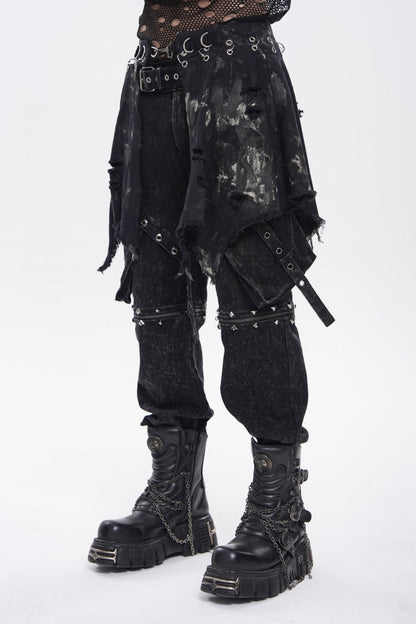 Black Irregular Ripped Buckled Pleated Chain-Decorated Men's Punk Skirt