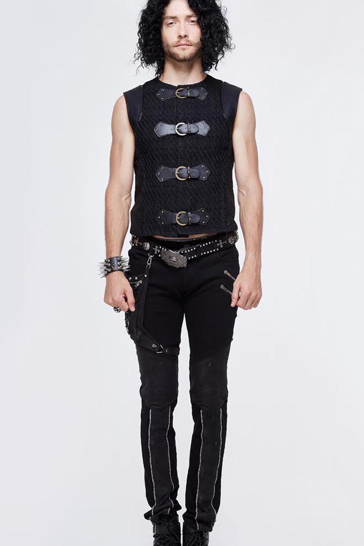 Black Coarse Texture Woolen Patchwork Heat Seal Backing Leather Loop Rough Selvage Men's Punk Waistcoat