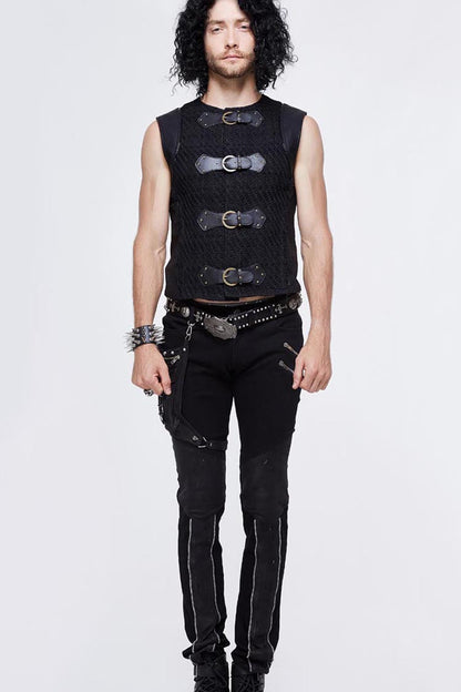 Black Coarse Texture Woolen Patchwork Heat Seal Backing Leather Loop Rough Selvage Men's Punk Waistcoat