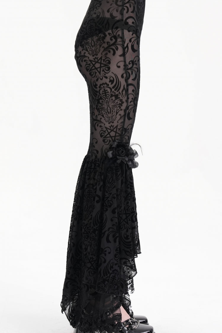 Black Embroidery Lace Sheer Mesh Tassels Women's Gothic Pants