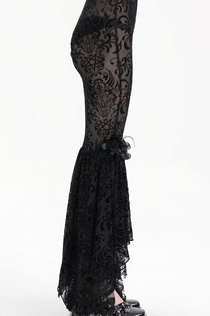 Black Embroidery Lace Sheer Mesh Tassels Women's Gothic Pants