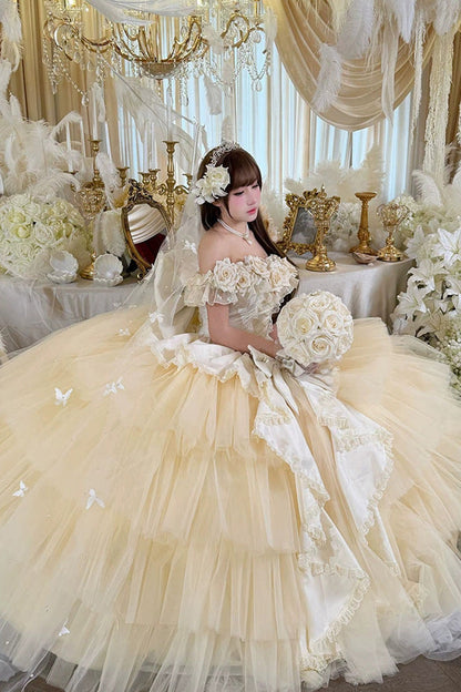 Apricot [Heart’s Beloved Rose] Sleeveless Ruffled Hanayome Bow Lace Lace-Up Sweet Lolita Jsk long Dress
