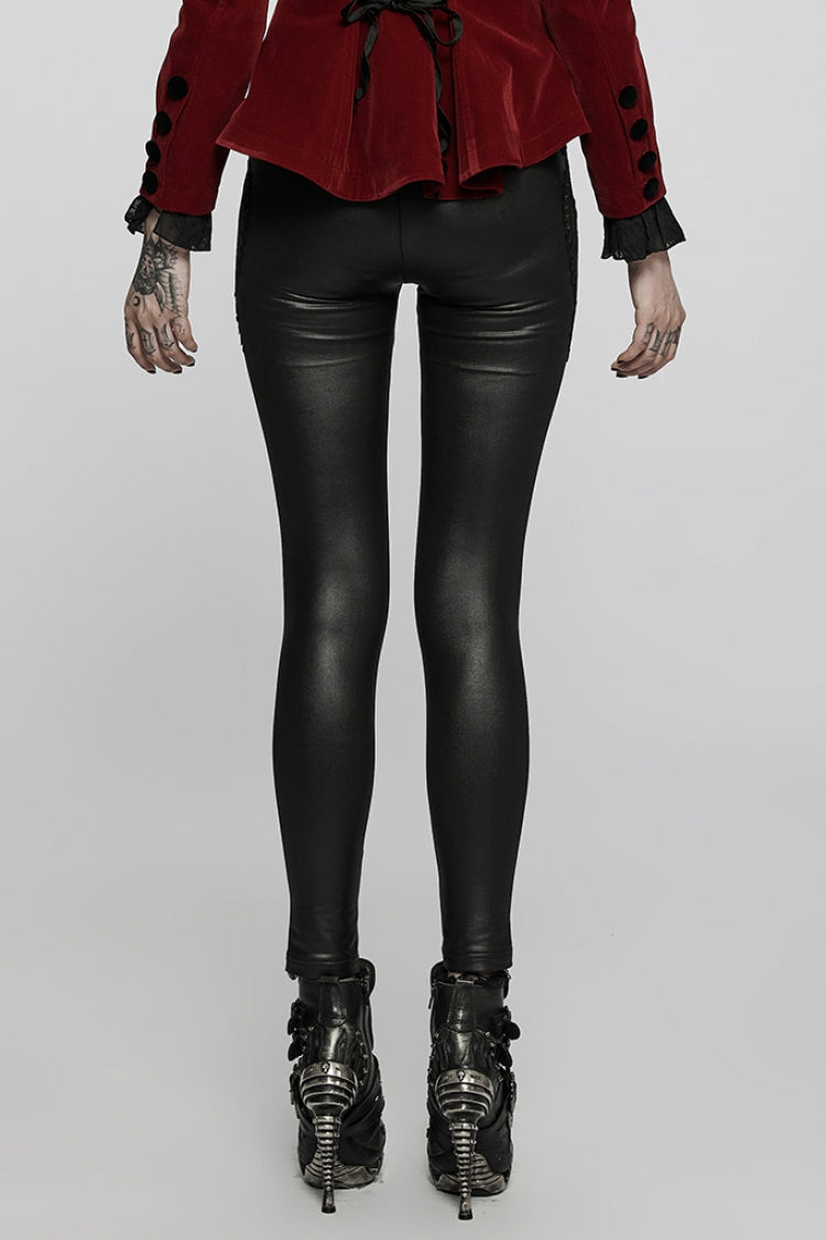 Black Hollow Embroidery Slim Faux Leather Women's Gothic Leggings