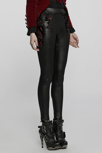 Black Hollow Embroidery Slim Faux Leather Women's Gothic Leggings