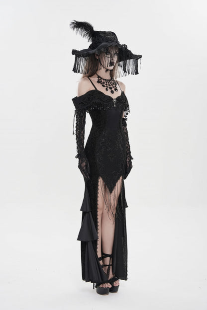 Black Off Shoulder Sleeveless Embroidered Lace Slim Women's Gothic Gorgeous Strapless Dress