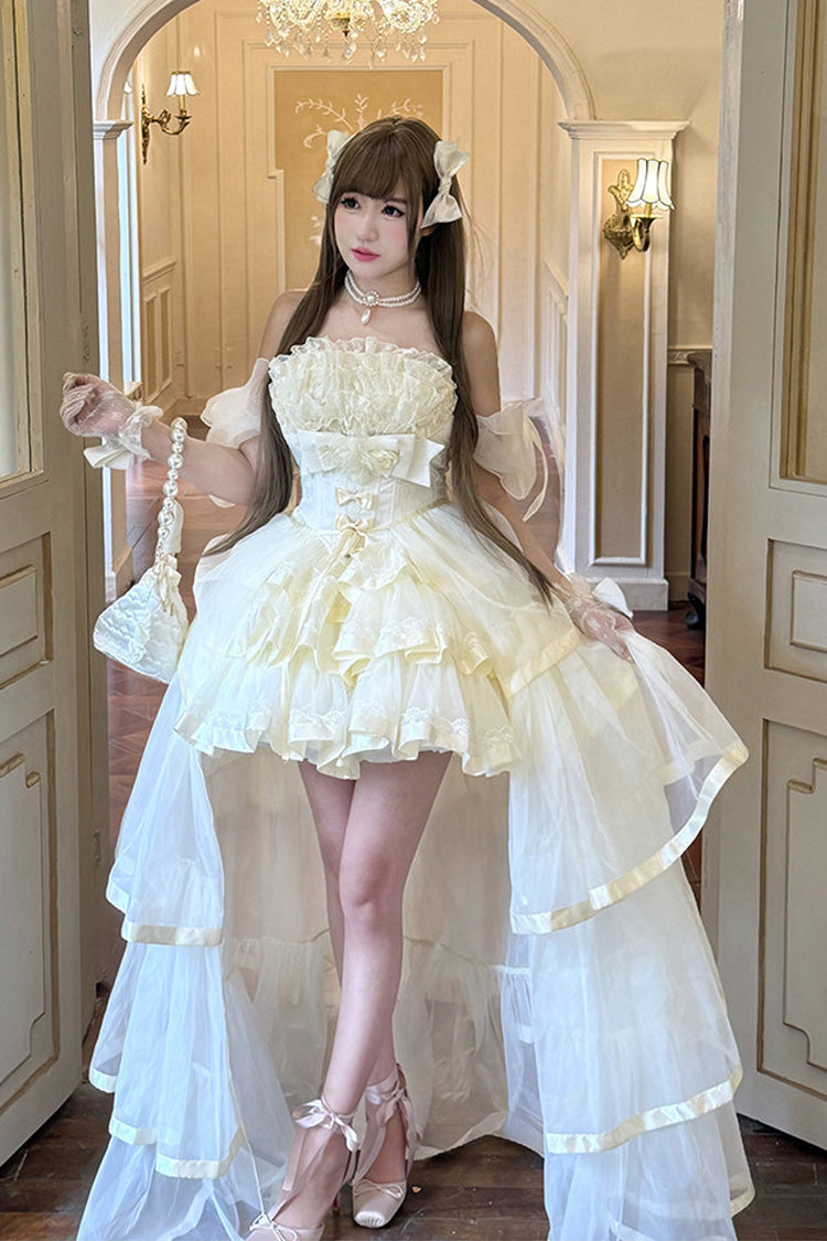 Beige [Mousse Love Song] Off Shoulder Sleeveless Triple-Layered Ruffled Hanayome Bow Sweet Elegant Ballet Lolita Short Dress Set