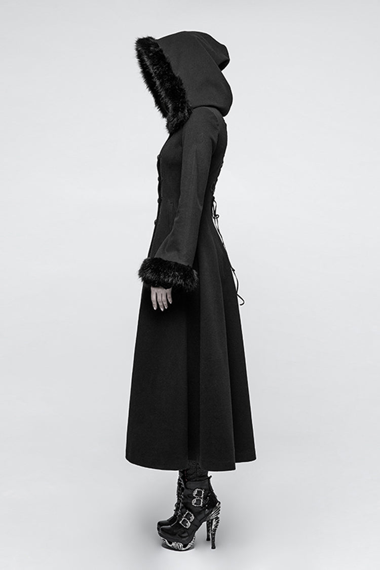 Black Hooded Print Womens Single-Breasted Long Maxi Gothic Coat