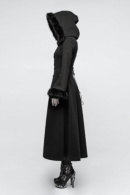 Black Hooded Print Womens Single-Breasted Long Maxi Gothic Coat