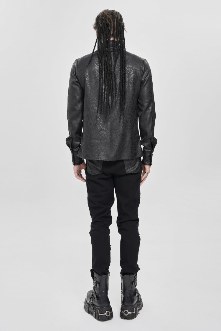 Black Lapel Collar Long Sleeves Buckled Strappy Chain-Decorated Men's Punk Shirt