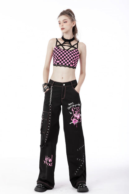 Black Dangerous Bear Chain-Decorated Women's Grunge Bell Bottom Pants